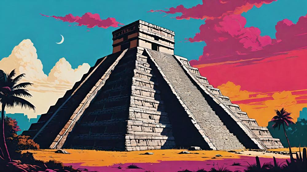 Ancient Mayan Pyramid Under Vibrant Skies wallpaper