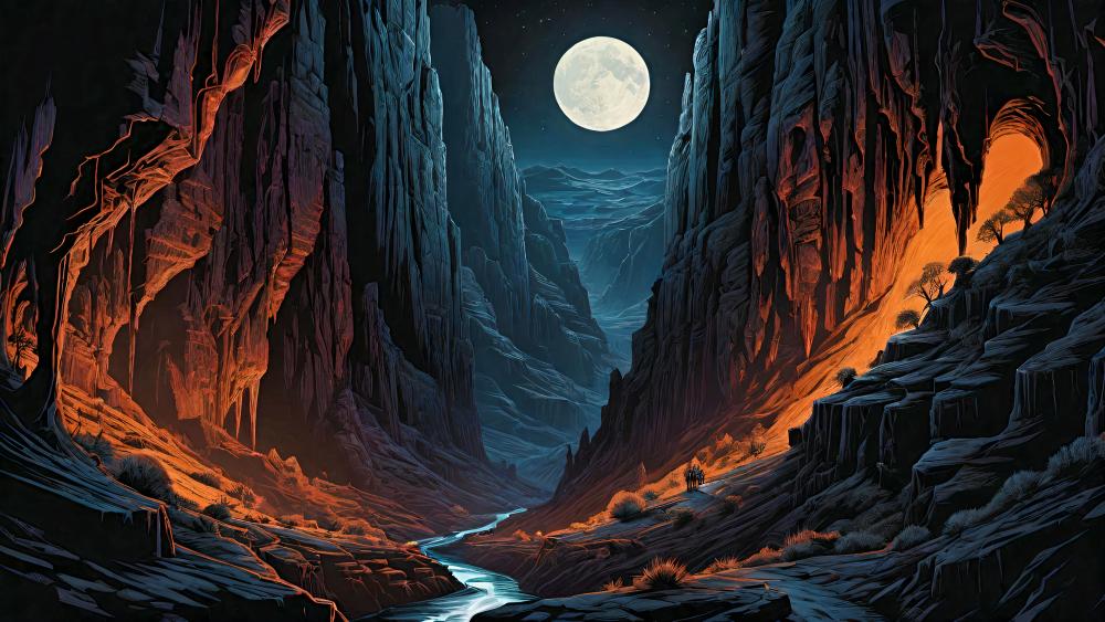 Mystical Moonlit Canyon Journey wallpaper