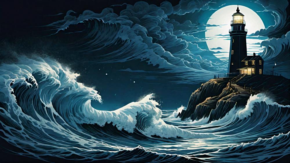 Moonlit Beacon Amidst Roaring Waves wallpaper