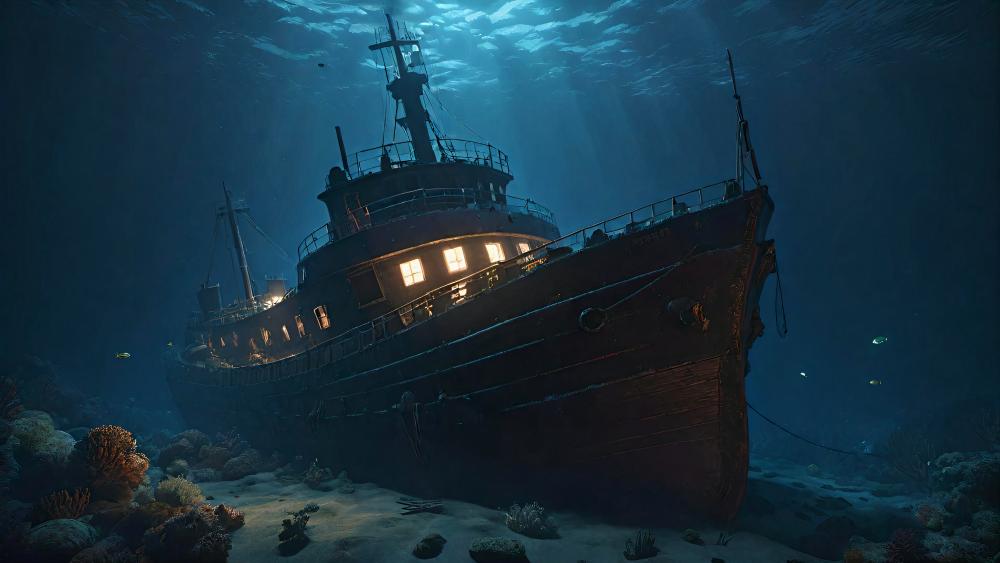 Mystical Shipwreck Under Moonlit Seas wallpaper