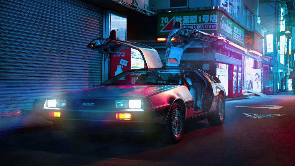 Retro Futuristic DeLorean in Neon Metropolis wallpaper