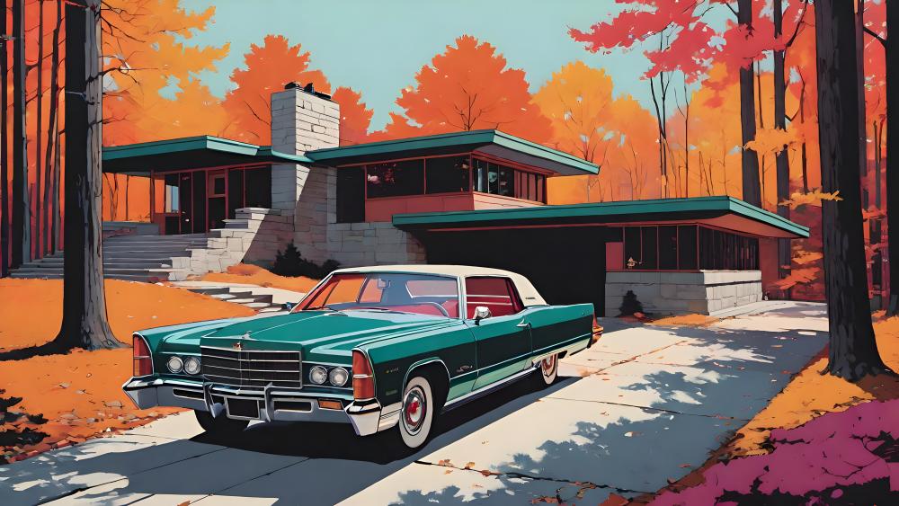 Vintage Cadillac in Autumn Suburbia wallpaper
