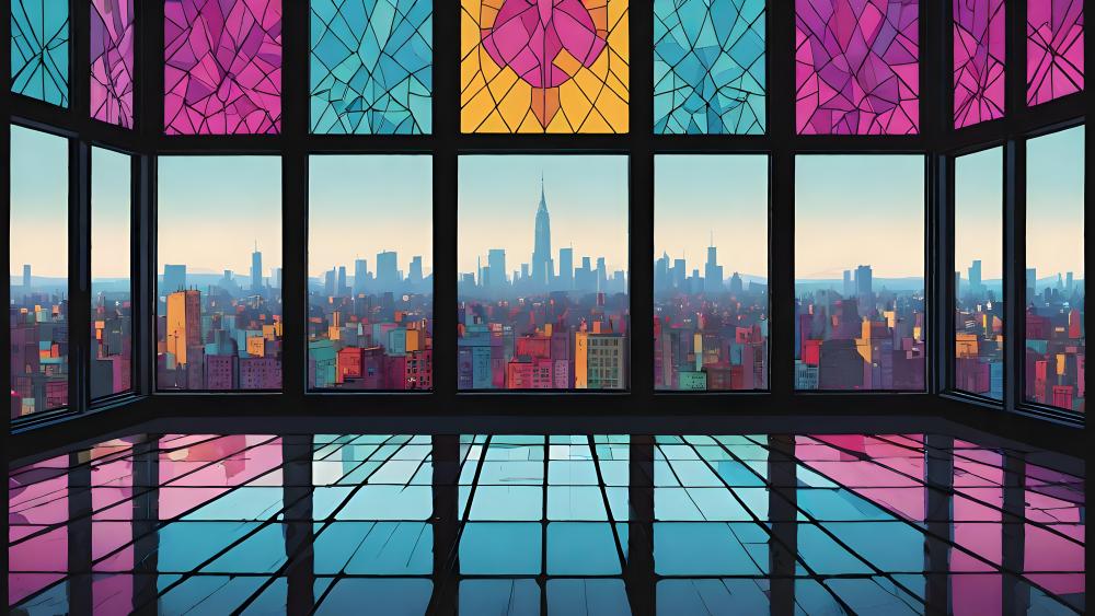 Stained Glass Cityscape View wallpaper