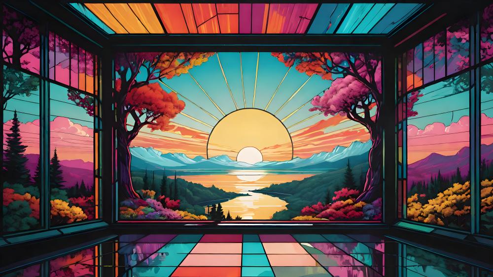 Vibrant Sunset Through Stained Glass Window wallpaper