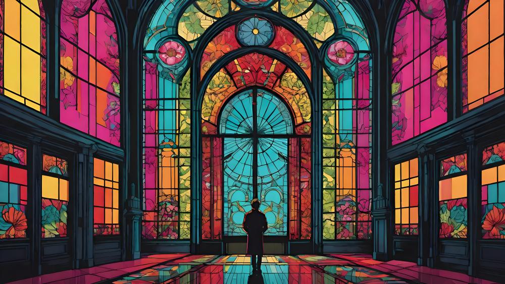 Contemplation in Colorful Glass Sanctuary wallpaper