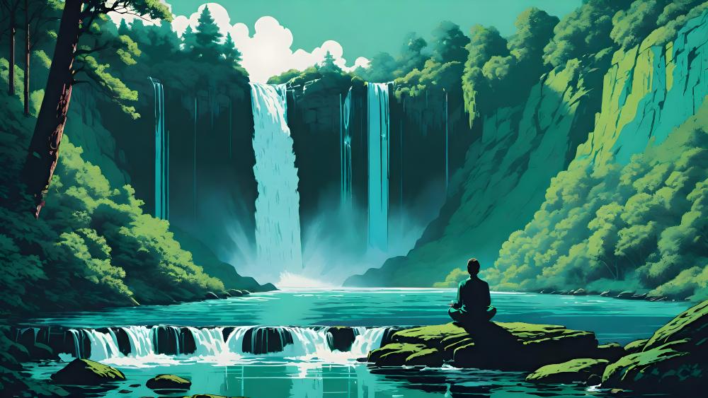 Serenity at Sunset by the Waterfall wallpaper