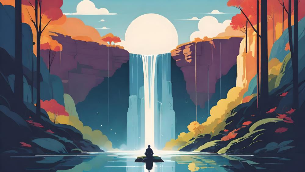 Tranquil Sunset Yoga by the Waterfall wallpaper