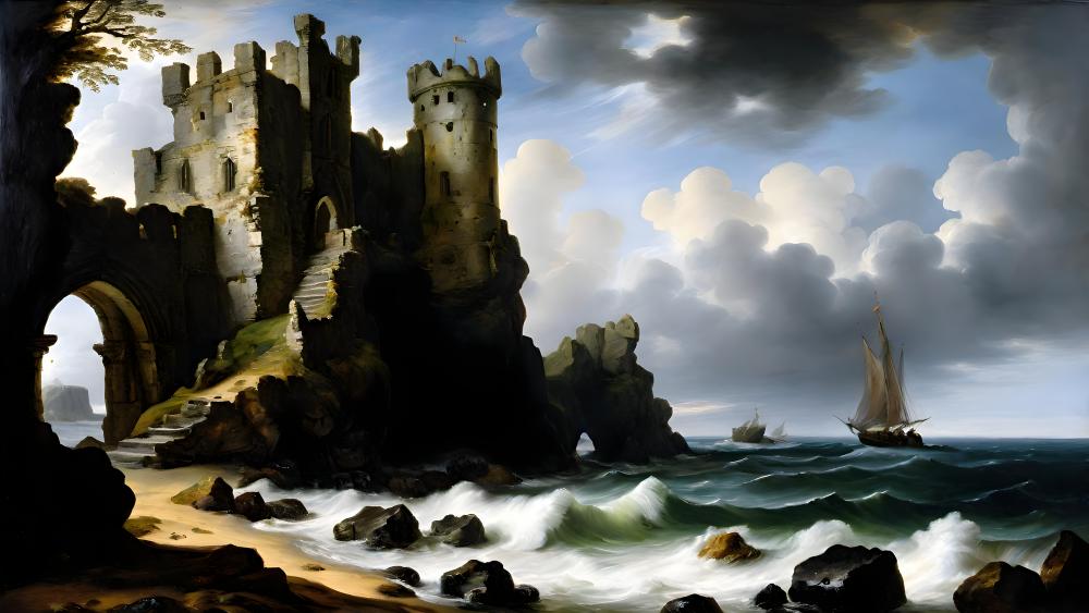 Mystical Seaside Castle Amidst Stormy Skies wallpaper