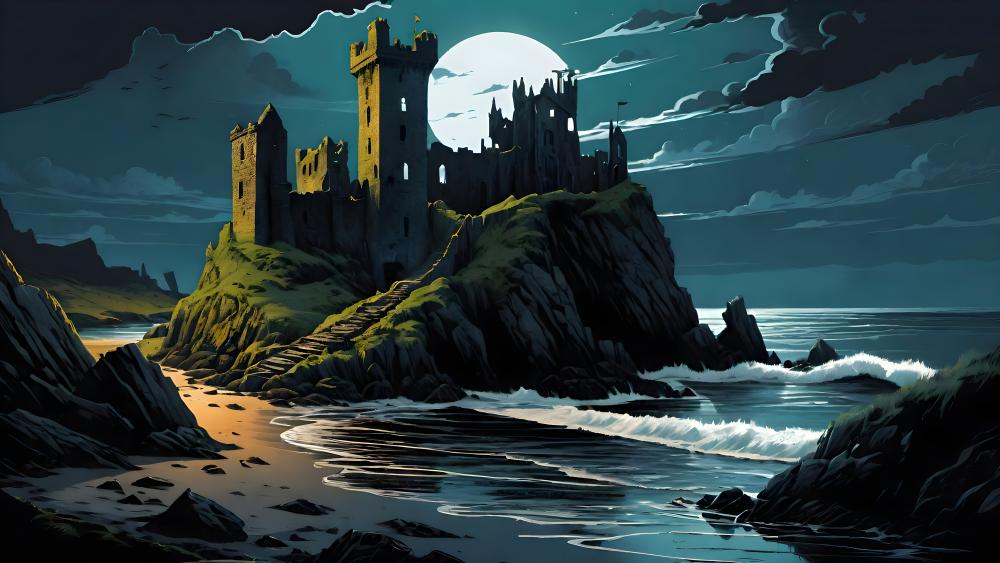 Moonlit Fantasy Castle by the Sea wallpaper