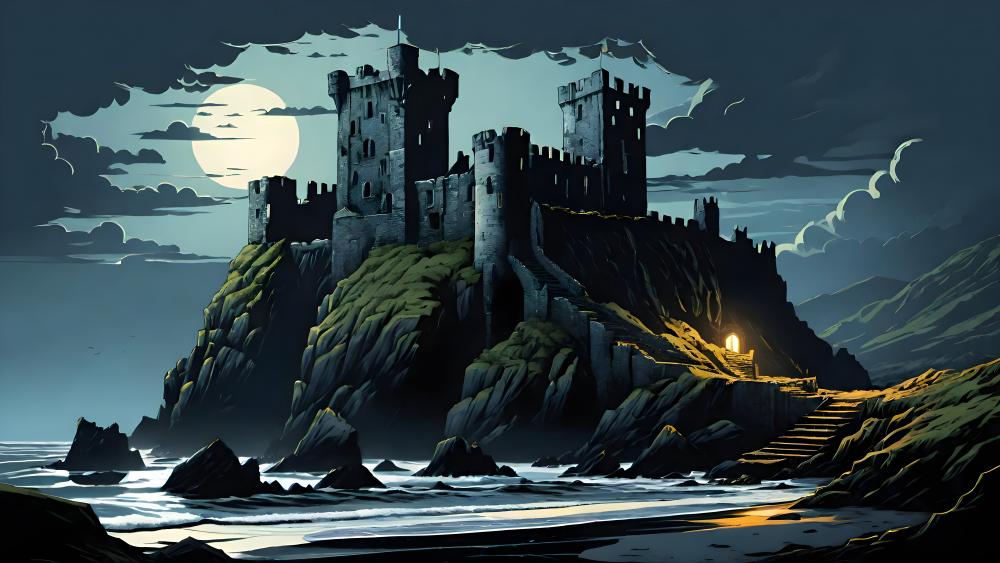 Moonlit Medieval Fortress Amidst Rugged Cliffs wallpaper