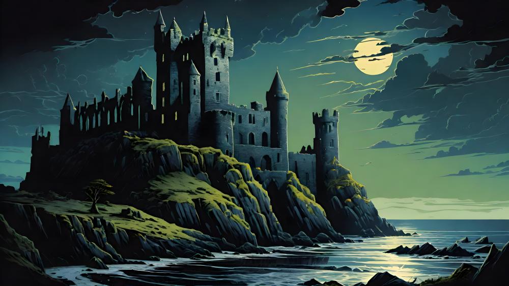 Majestic Moonlit Castle Overlooking the Sea wallpaper