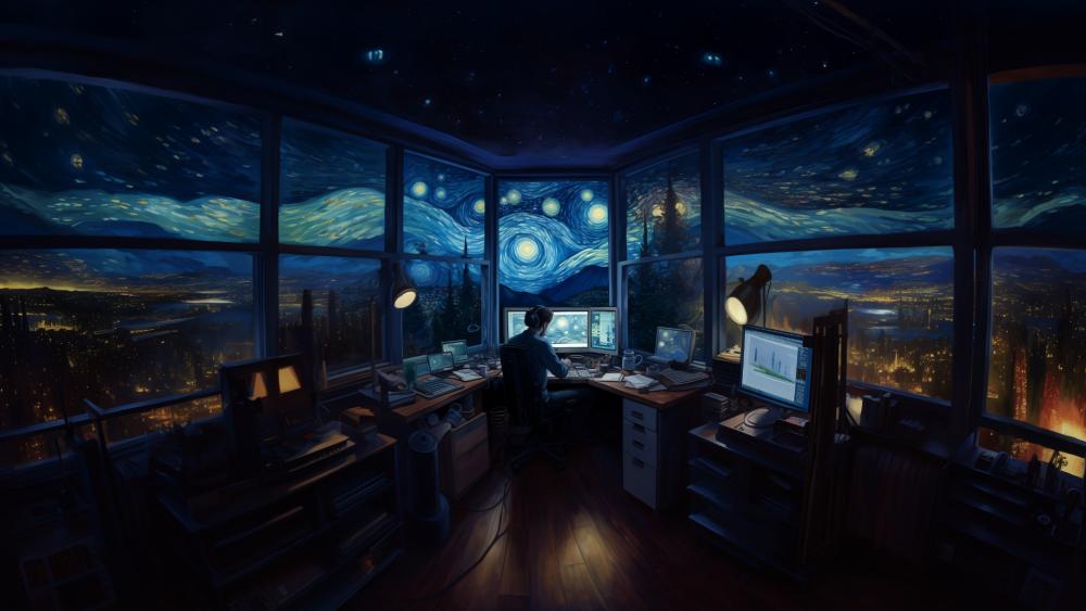 Starry Office Night Oasis wallpaper