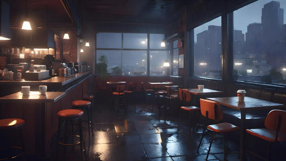 Moody Evening at the AI-Generated coffee shop wallpaper