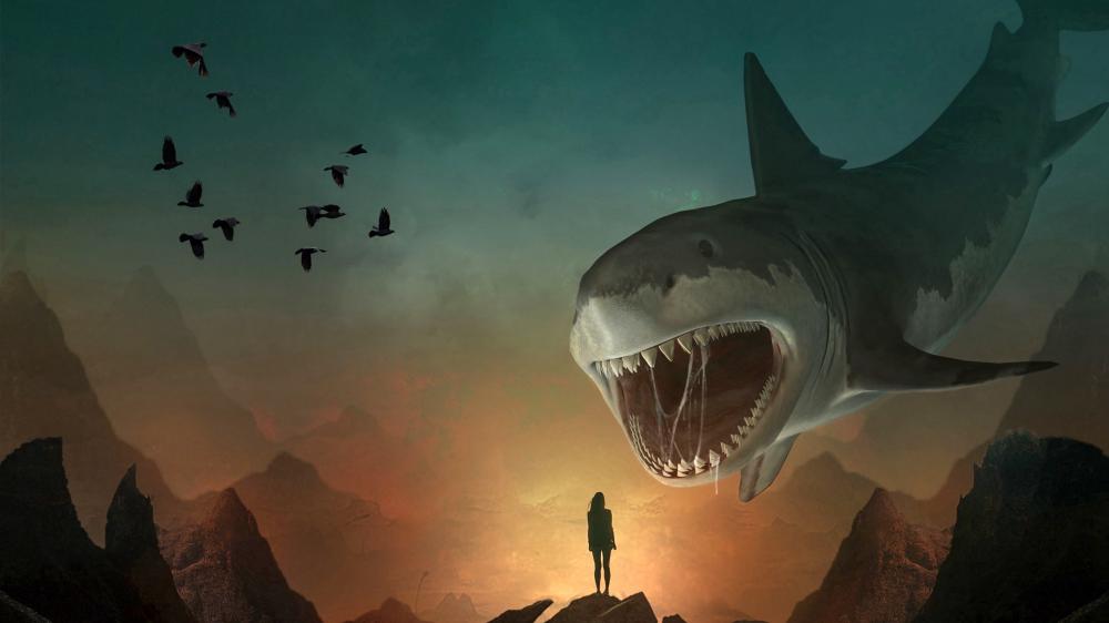 Giant Shark Encounter in Dystopian Sunset wallpaper