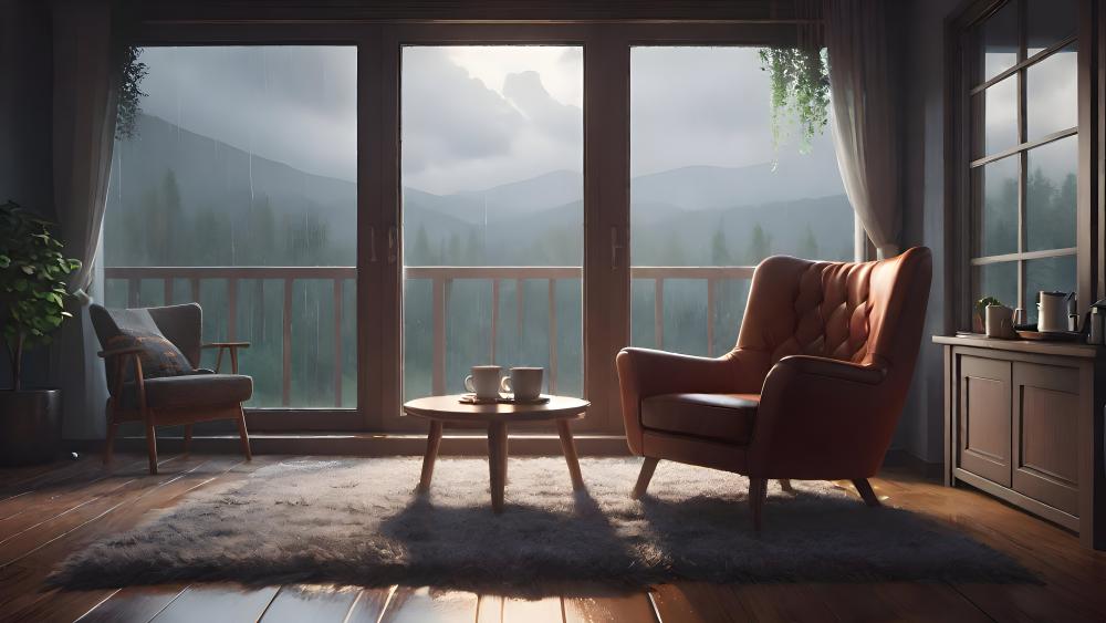 Mountain Serenity in a Cozy Room wallpaper