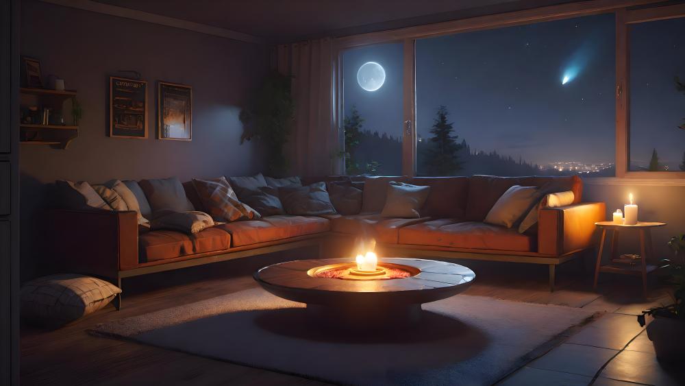 Moonlit Serenity in a Cozy Living Room wallpaper