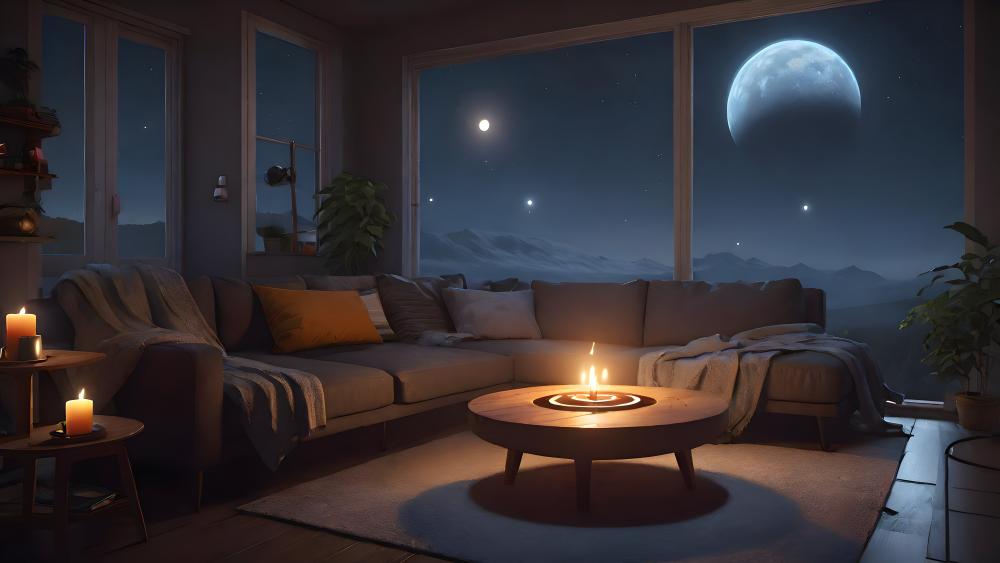 Moonlit Serenity in a Cozy Living Room wallpaper