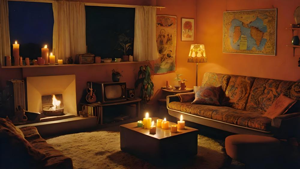 Candlelit Retro Living Room Ambiance wallpaper