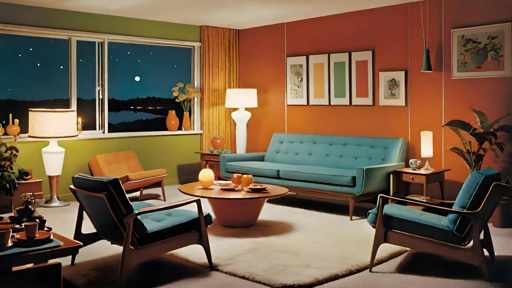 Retro Living Room Elegance Under Moonlight wallpaper