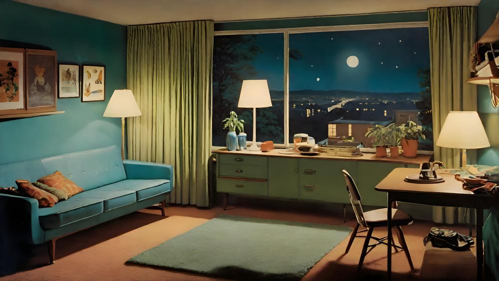 Cozy Vintage Study Room by Moonlight wallpaper