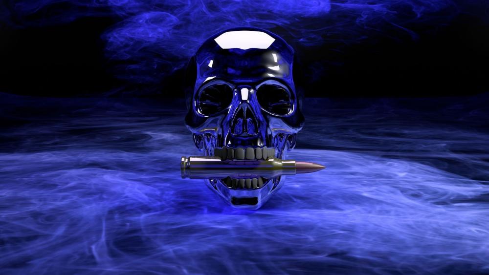 Mystical Skull with Bullet Amidst Ethereal Haze wallpaper