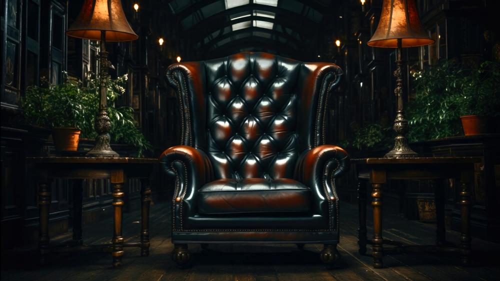 Elegant Vintage Leather Armchair in Grand Library wallpaper