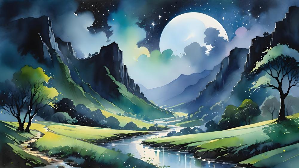 Mystical Moonlit Valley wallpaper