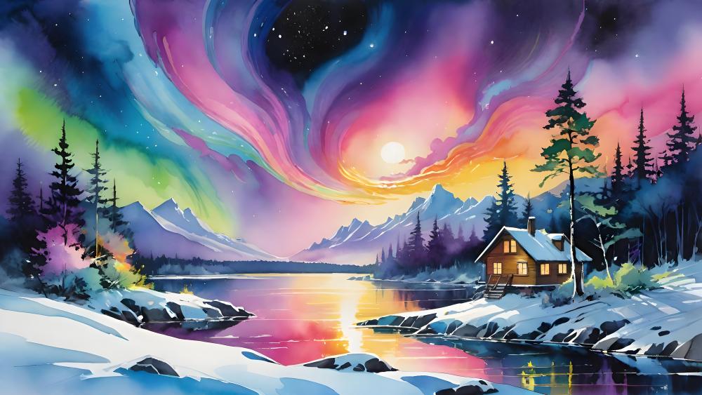 Mystical Twilight Over Snowy Retreat wallpaper