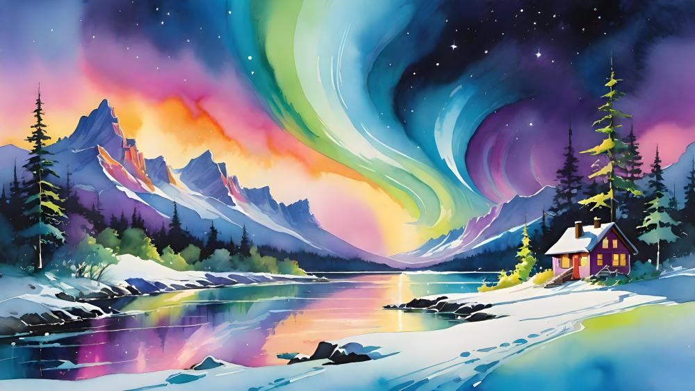 Aurora's Embrace Over Mountain Cottage wallpaper