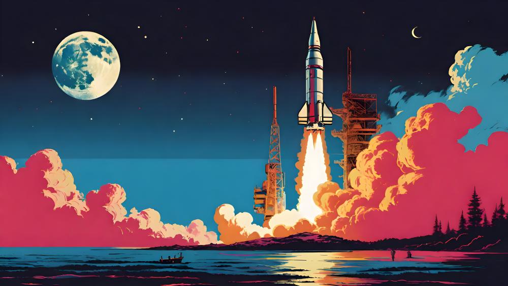 Retro Rocket Launch into Twilight wallpaper
