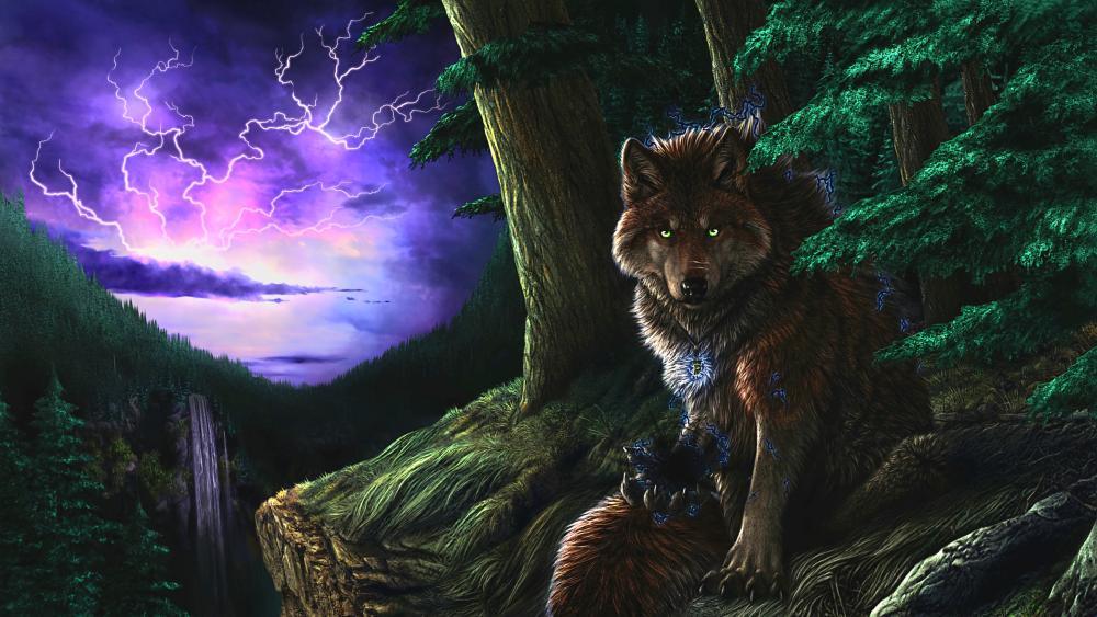Mystical Wolf Guardian in Thunderstorm wallpaper