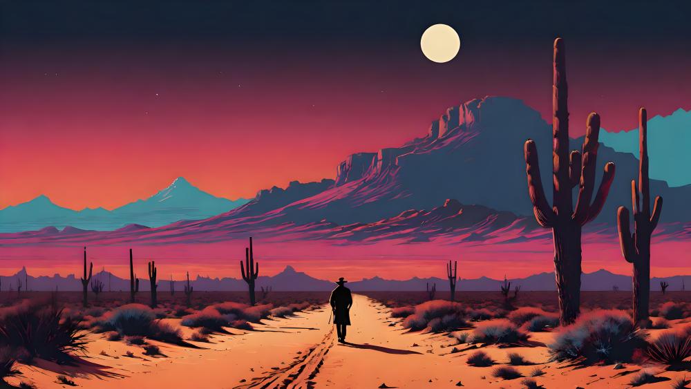 Lone Wanderer in a Surreal Desert Dusk wallpaper