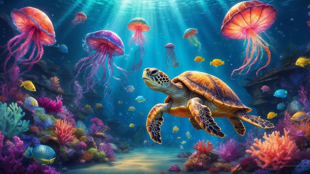 Underwater Serenity with Sea Turtle and Jellyfish wallpaper