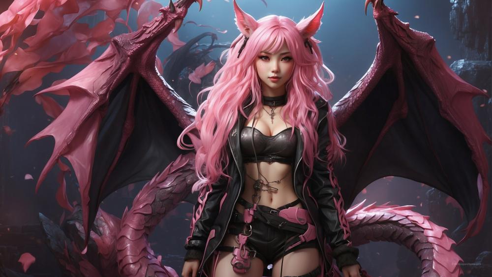 Mystical Bat Girl with Pink Locks wallpaper