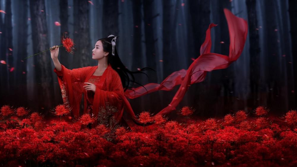 Mystical Red Kimono in Enchanted Forest wallpaper