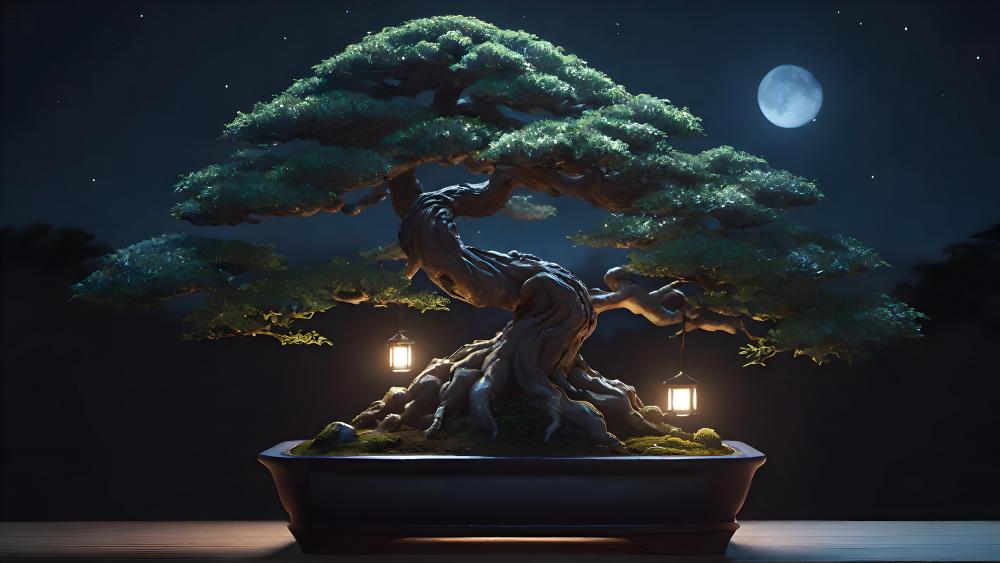 Mystical Bonsai Under Moonlit Night wallpaper