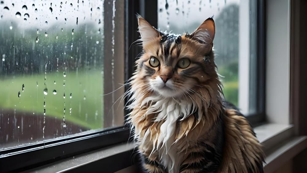 Contemplative Feline by the Rain-Speckled Window wallpaper