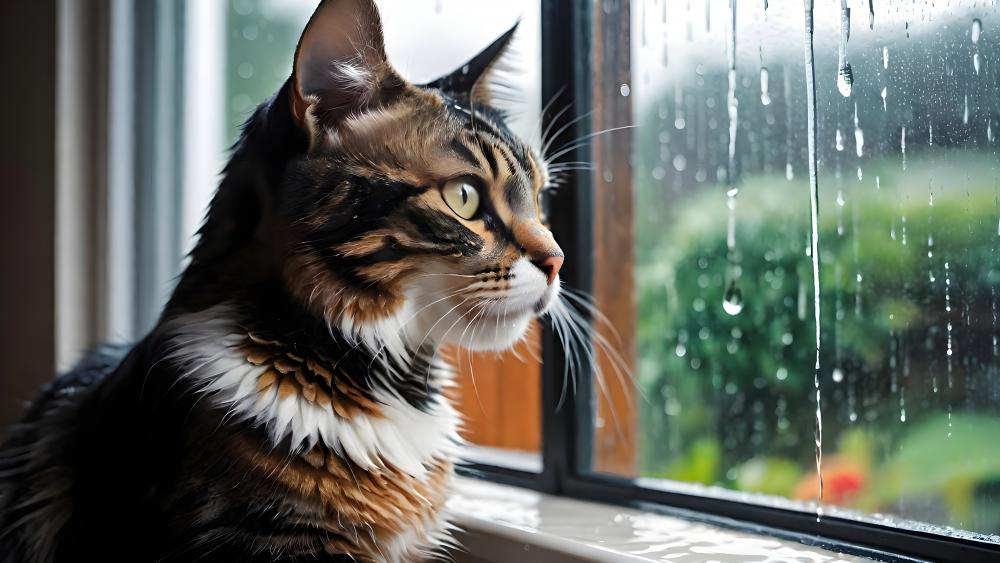 Whiskers and Raindrops - A Tabby's Contemplation wallpaper