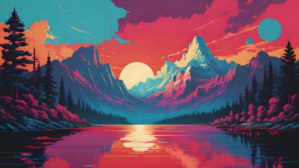 Neon Mountain Sunset Dreamscape wallpaper