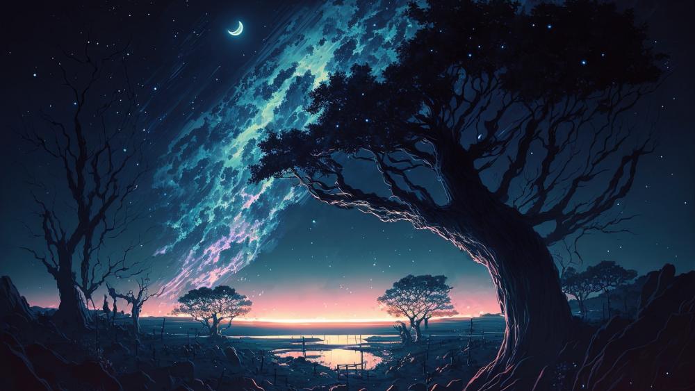 Starry Night Dreamscape Amidst Twilight Trees wallpaper
