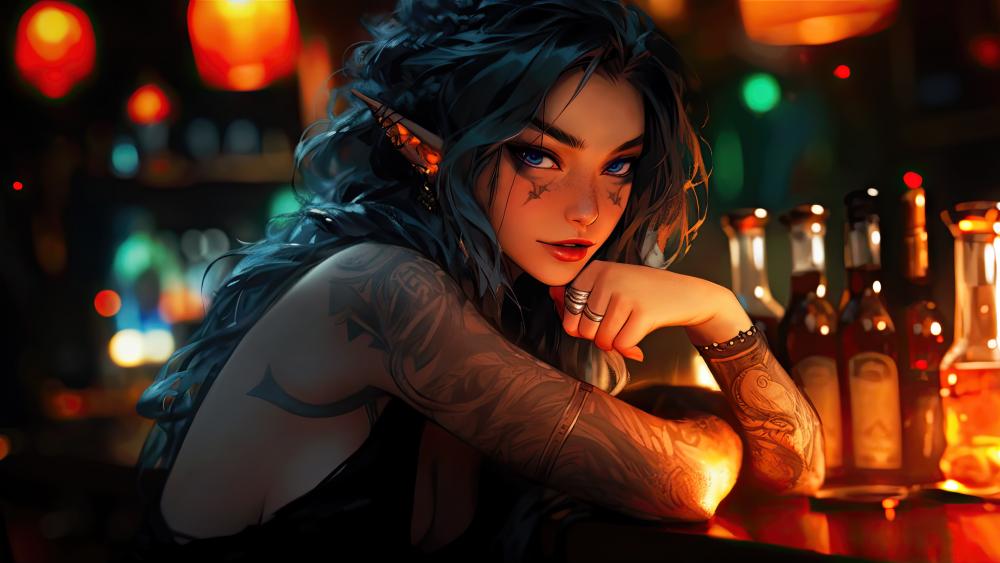 Mystic Tattooed Elf at a Nighttime Bar wallpaper