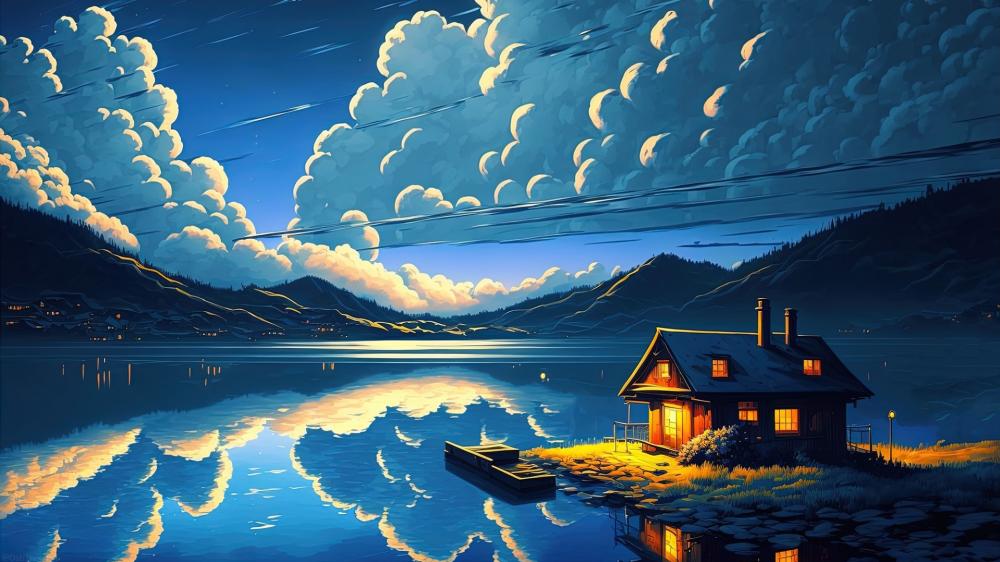 Lakeside Serenity in Moonlight wallpaper