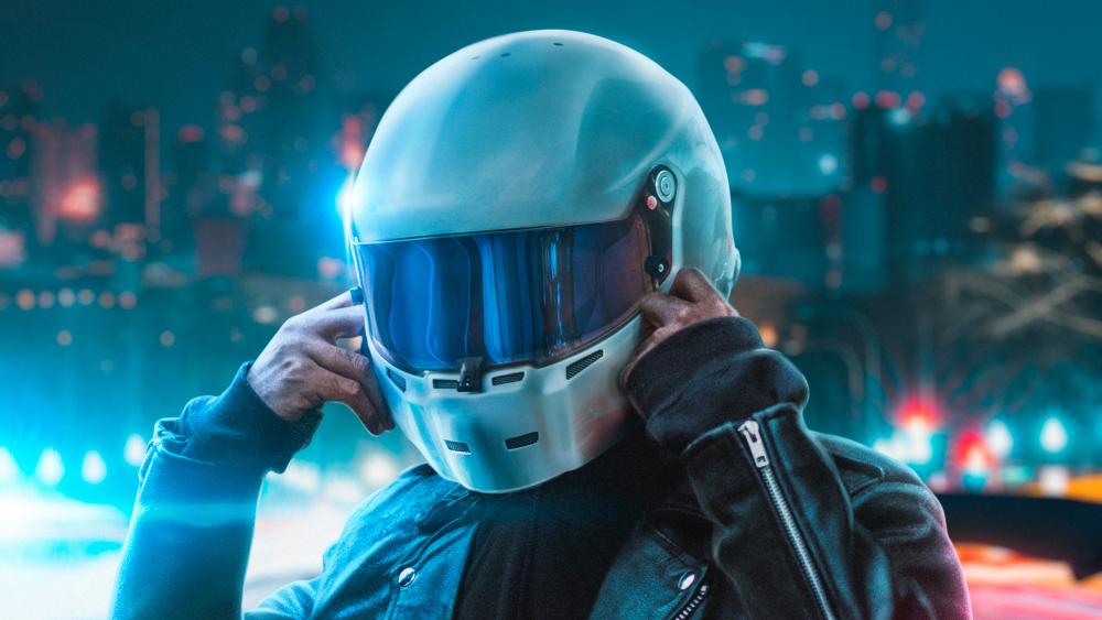 Futuristic Motorcycle Helmet in Neon City wallpaper