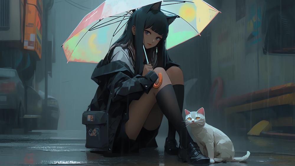Rainy Day Companionship with a Catgirl wallpaper