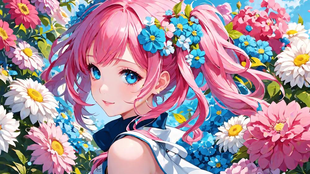 Blossom-Adorned Anime Girl with Pink Hair wallpaper