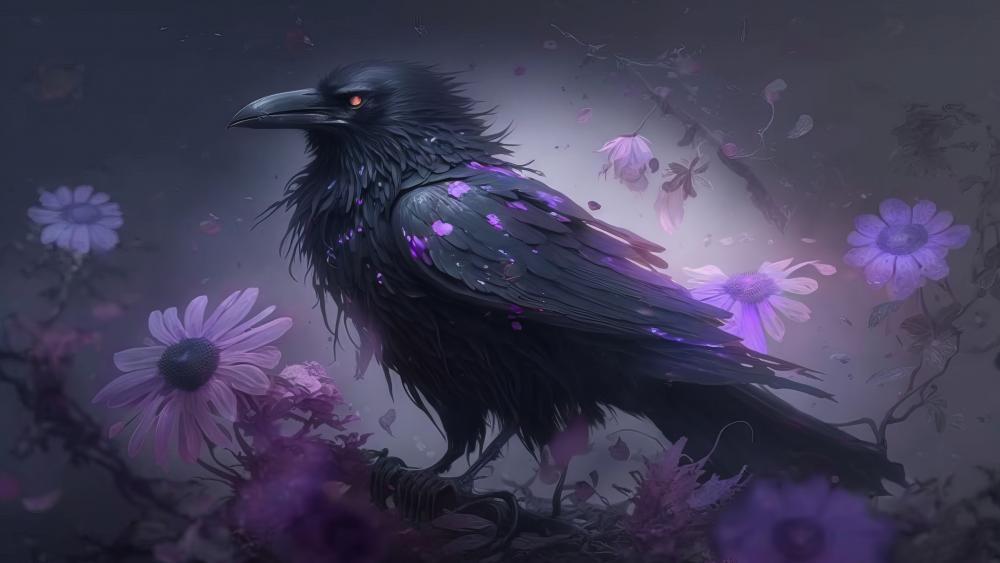 Mystical Raven Amongst Purple Florals wallpaper