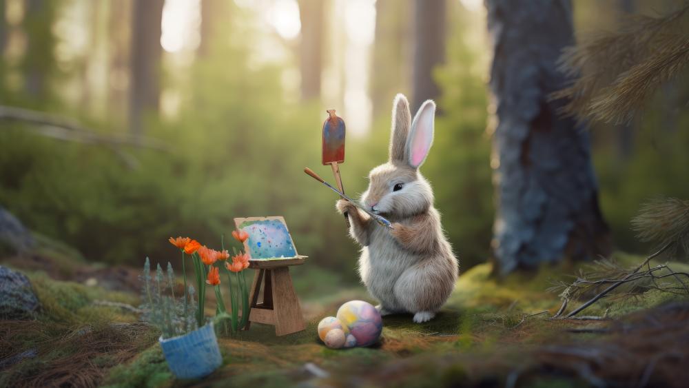 Easter Bunny's Artistic Moment in the Forest wallpaper