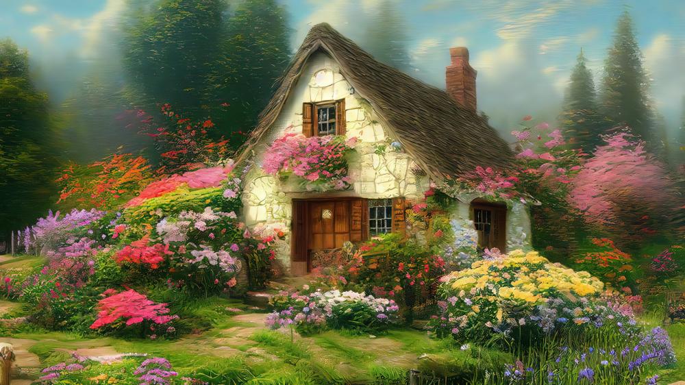 Enchanted Cottage Amidst Blossoming Nature wallpaper