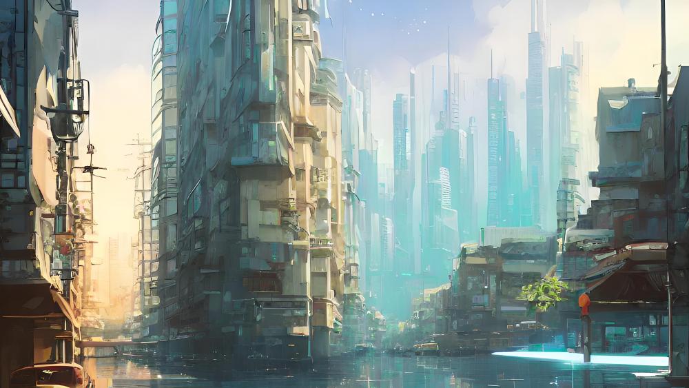 Futuristic Dawn in Dystopian Cityscape wallpaper