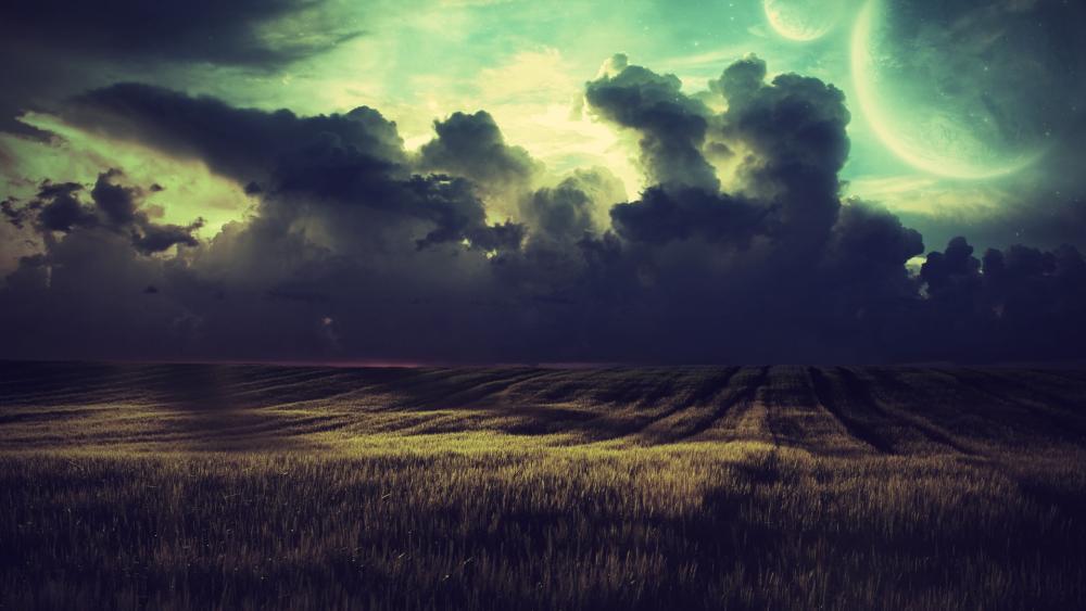 Mystical Fields Under an Emerald Sky wallpaper